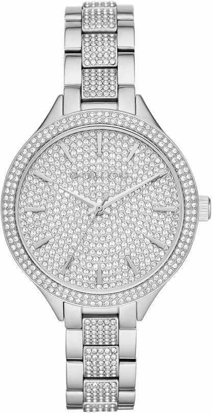 Michael Kors Slim Runway silver-tone women's watch with pavé crystal dial and matching bracelet