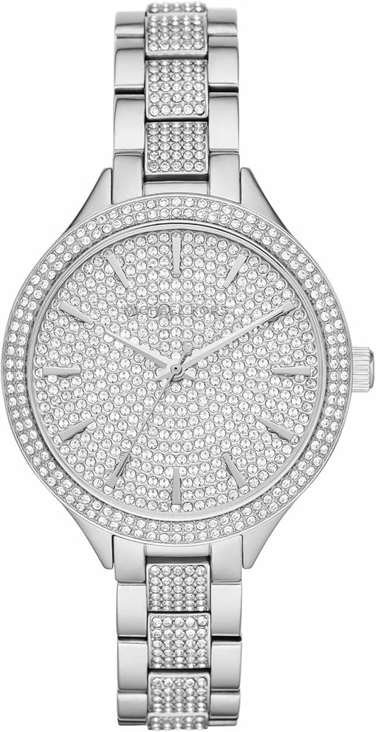 Michael Kors Slim Runway silver-tone women's watch with pavé crystal dial and matching bracelet