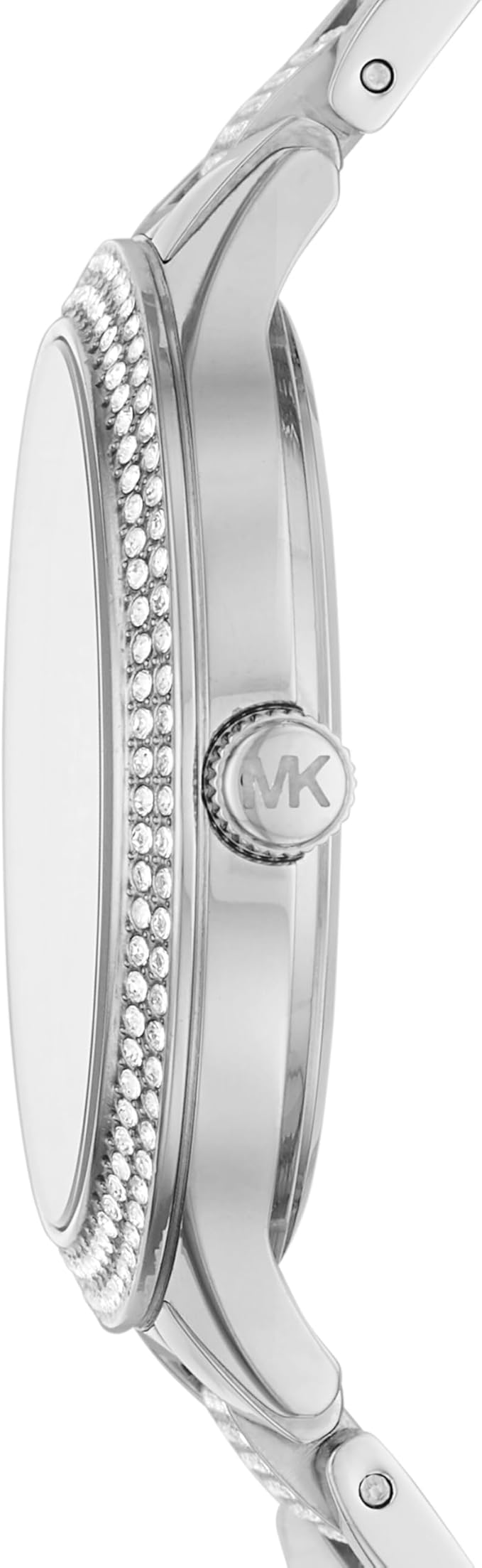 Side profile of Michael Kors Slim Runway watch showing ultra-thin case profile with pavé crystal details