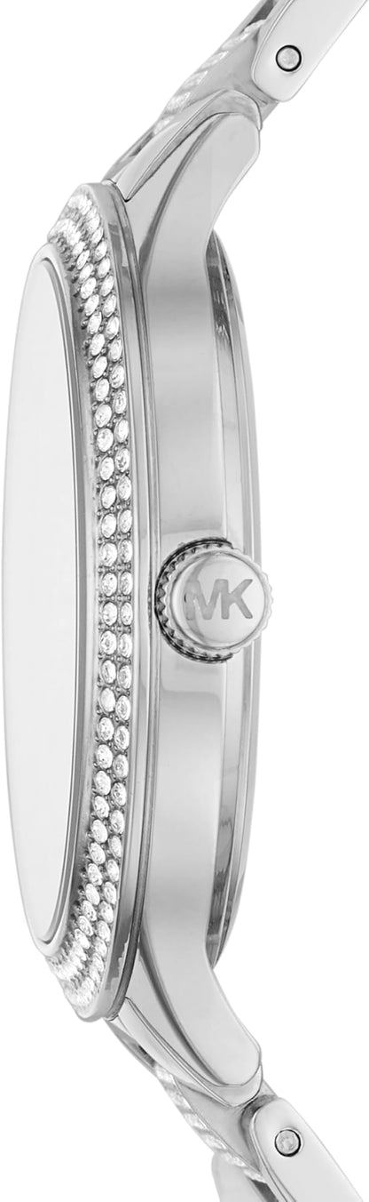 Side profile of Michael Kors Slim Runway watch showing ultra-thin case profile with pavé crystal details