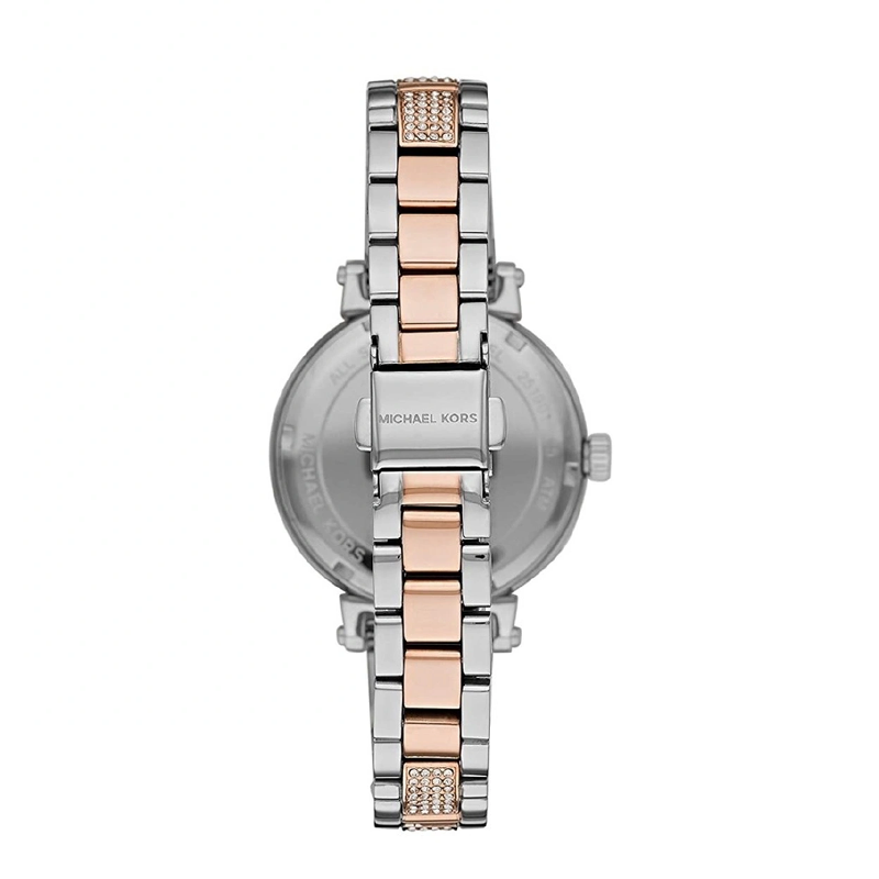 Caseback view of Michael Kors MK4353 two-tone stainless steel watch