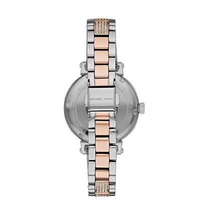 Caseback view of Michael Kors MK4353 two-tone stainless steel watch
