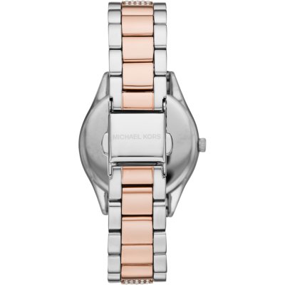 Michael Kors MK4388 watch caseback showing two-tone rose gold and silver stainless steel bracelet