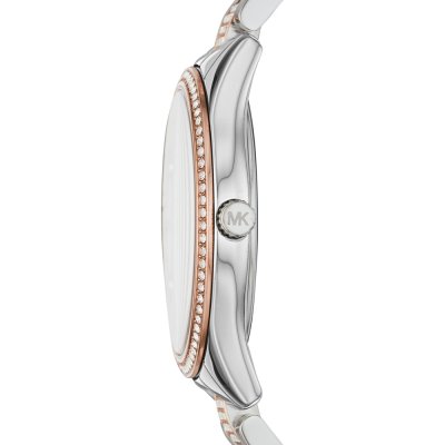Michael Kors MK4388 watch side view showing crystal-set rose gold bezel and case profile