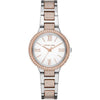 Michael Kors MK4461 two-tone steel watch with crystal-bezel, white dial, Roman numerals, and diamond-set bracelet