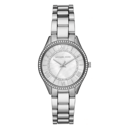 Michael Kors Lauryn silver-tone women's watch with crystal bezel and white dial