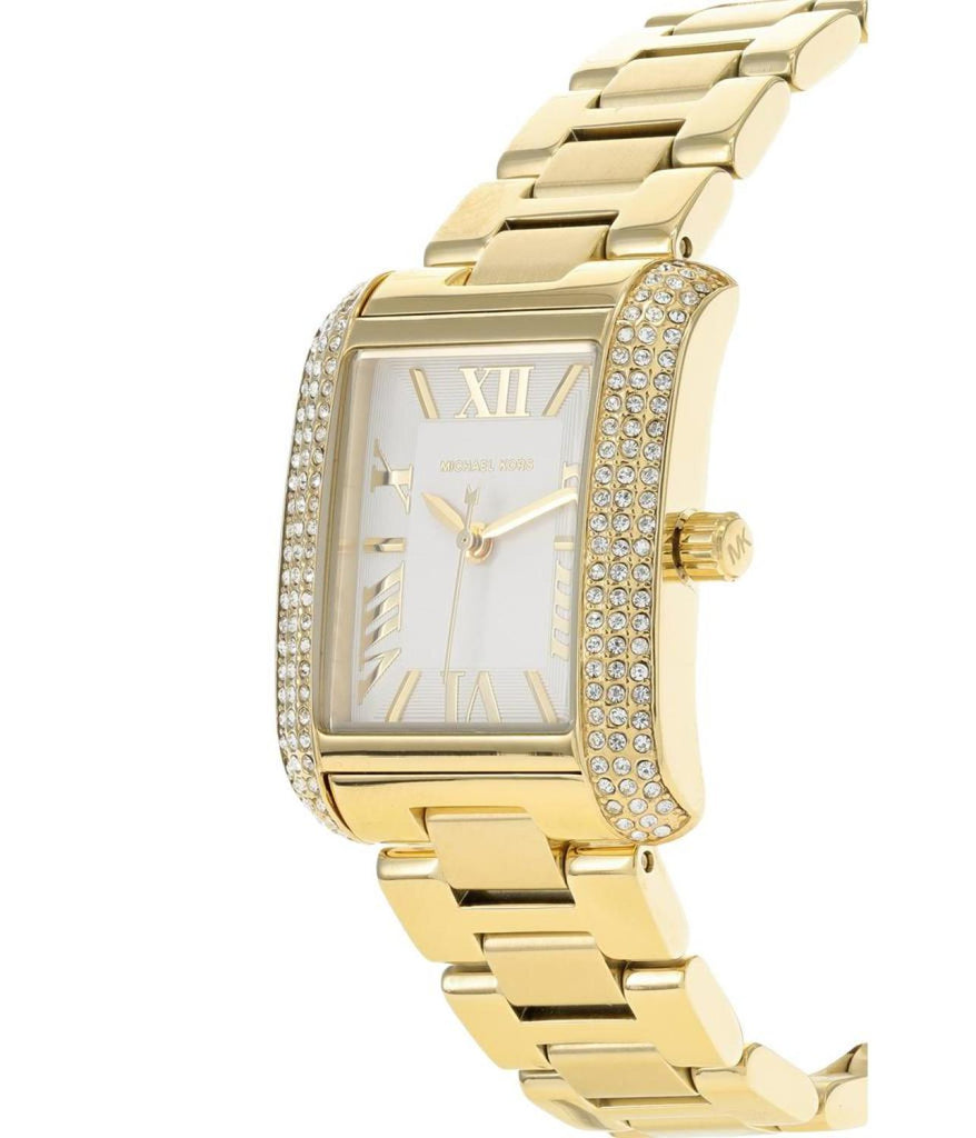 Michael Kors Emery watch angled view showing crystal-set rectangular case and gold bracelet