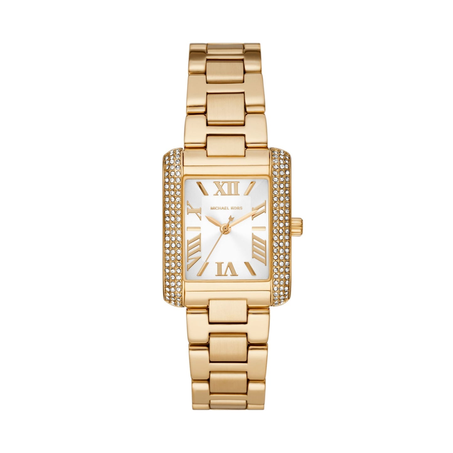 Michael Kors Emery gold rectangular watch with pavé crystal bezel and link bracelet
