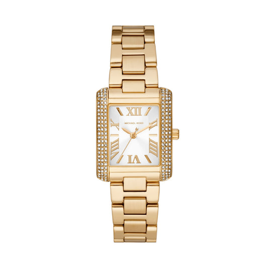 Michael Kors Emery gold rectangular watch with pavé crystal bezel and link bracelet