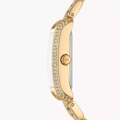 Side view of Michael Kors Emery rectangular watch case with pavé crystal bezel