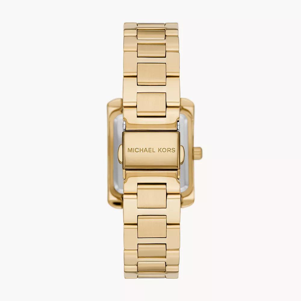 Gold link bracelet of Michael Kors Emery rectangular watch with Michael Kors branding