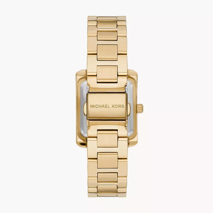 Gold link bracelet of Michael Kors Emery rectangular watch with Michael Kors branding