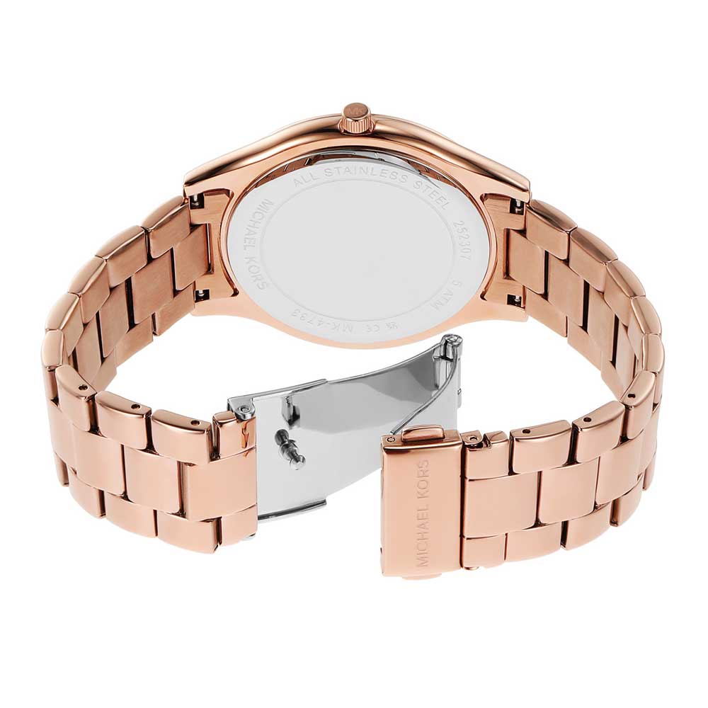 Michael Kors Slim Runway rose gold bracelet watch shown from rear with caseback visible