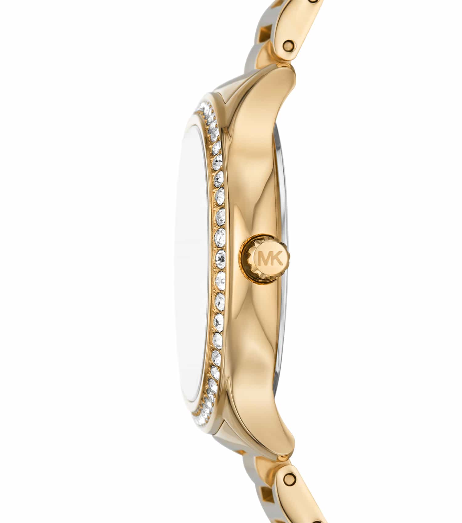 Side view of Michael Kors MK4805 watch showing crystal-set bezel and gold-tone case profile