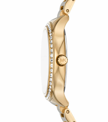 Side view of Michael Kors MK4805 watch showing crystal-set bezel and gold-tone case profile