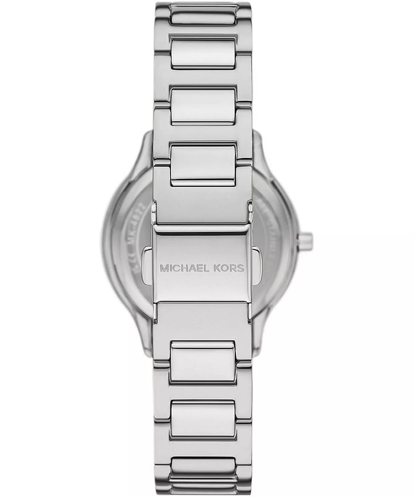 Back view of Michael Kors MK4824 showing silver-tone bracelet and case back