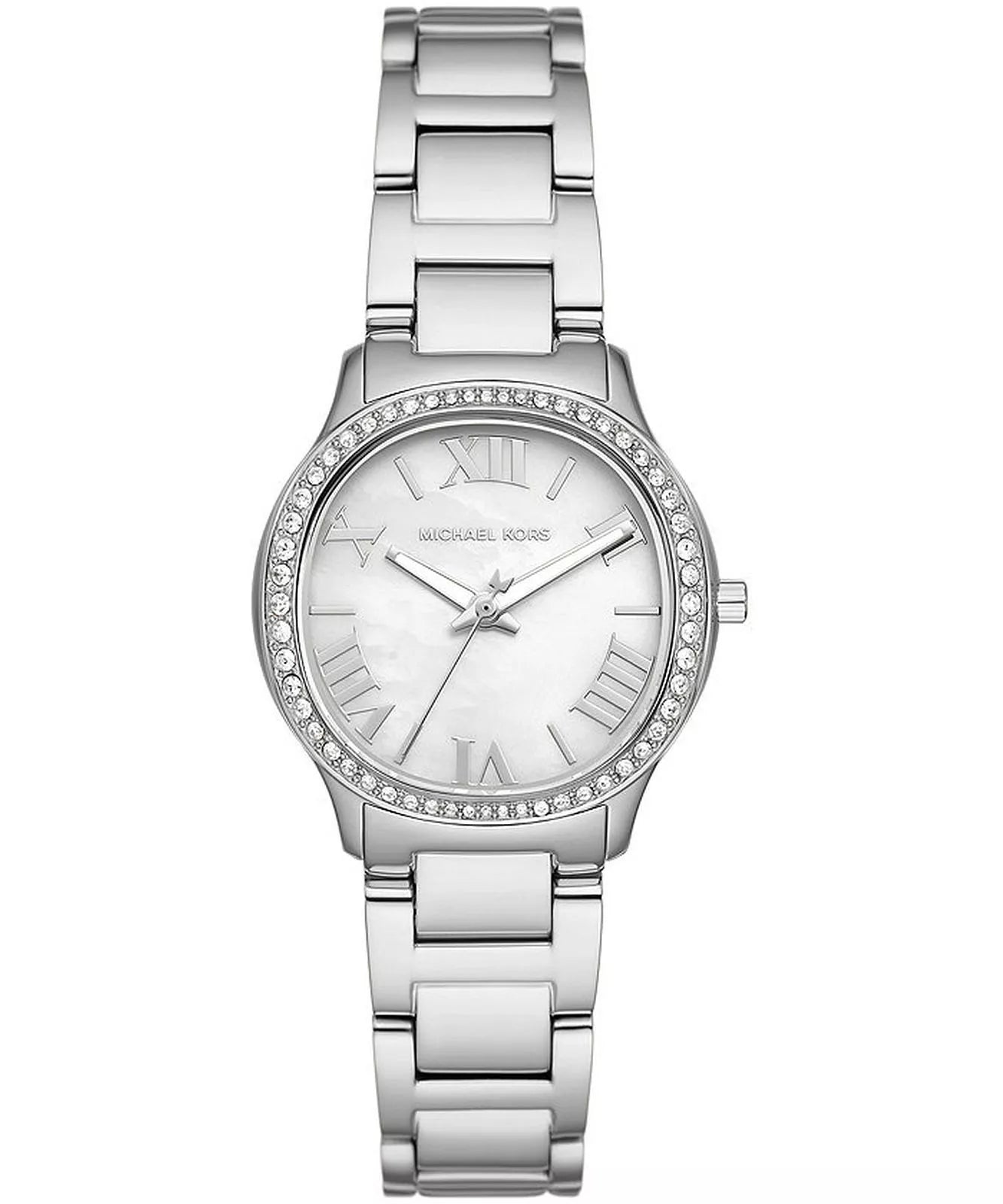 Michael Kors Mini Sage silver-tone women's watch with crystal bezel and white dial