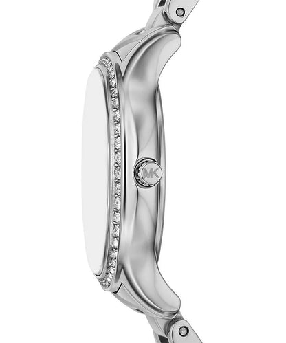 Side view of Michael Kors MK4824 showing crystal-set bezel and case profile