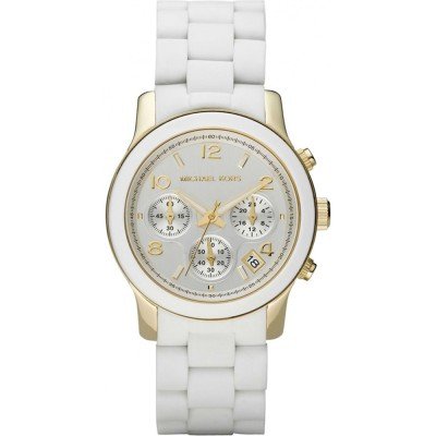 Michael Kors MK5145 Runway Mid watch with gold bezel and white ceramic bracelet