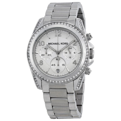 Michael Kors MK5165 silver-tone chronograph watch with white dial and crystal bezel
