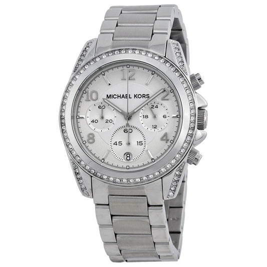 Michael Kors MK5165 silver-tone chronograph watch with white dial and crystal bezel
