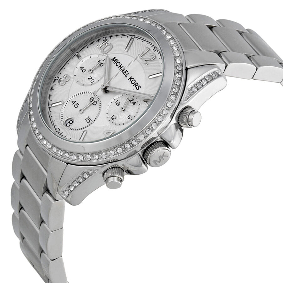 Michael Kors MK5165 three-quarter view showing chronograph pushers and crystal-set bezel detail