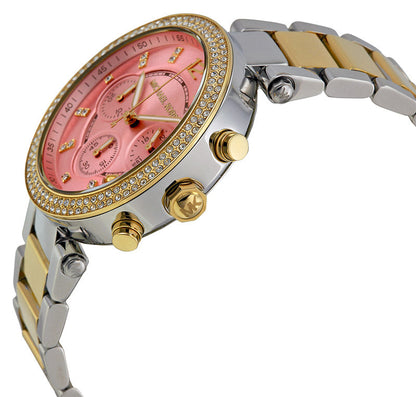 Michael Kors MK6140 side view showing two-tone rose gold and silver steel bracelet
