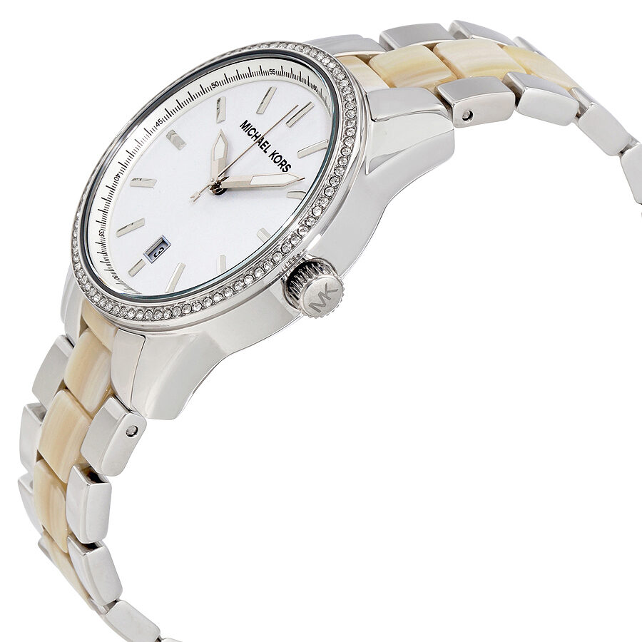 Michael Kors MK6371 watch shown at angle with crystal-set bezel and two-tone bracelet