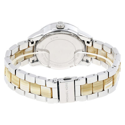 Michael Kors MK6371 watch caseback showing stainless steel case back and two-tone bracelet
