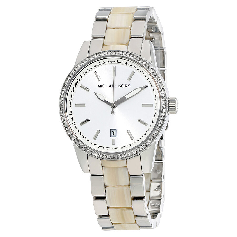 Michael Kors MK6371 silver dial ladies watch with steel and acrylic two-tone bracelet