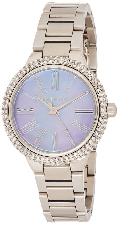 Michael Kors Mini Taryn watch at angle showing silver bracelet and purple dial with Roman numerals
