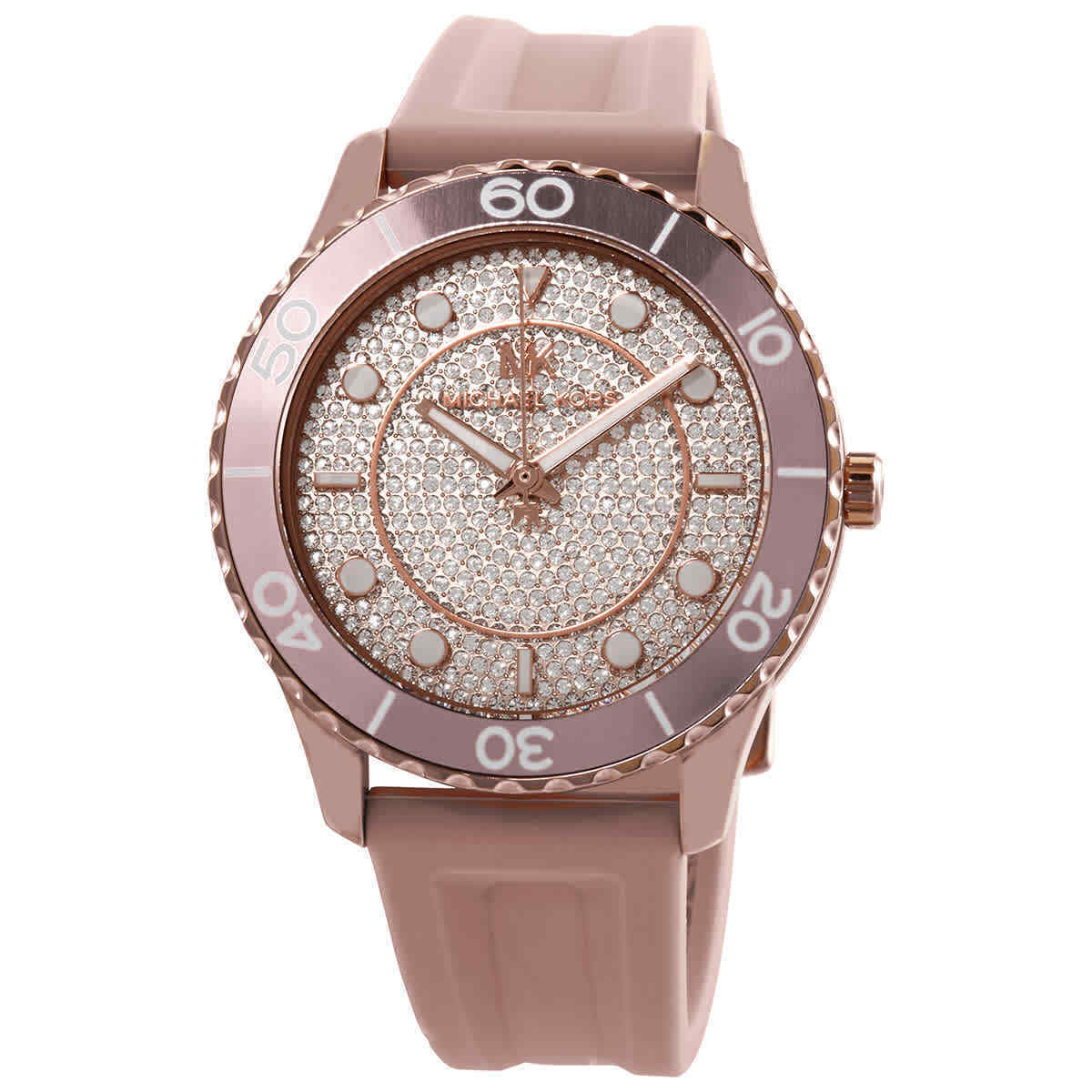 MK6854 Runway Dive watch with crystal-paved dial and pink rotating bezel
