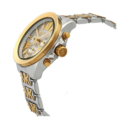 Side angle view of Michael Kors MK6953 watch showing gold bezel, chronograph pushers, and two-tone bracelet