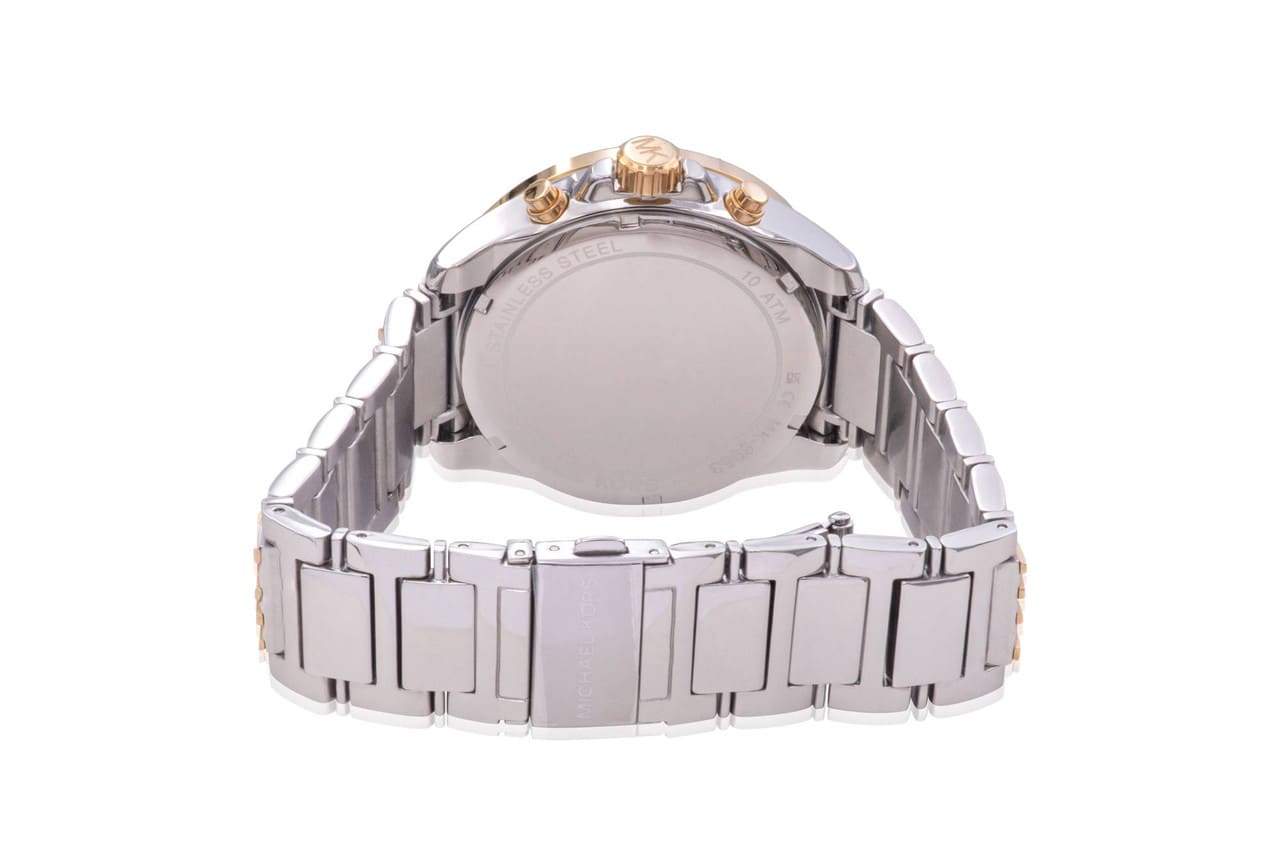 Back view of Michael Kors MK6953 watch showing caseback and stainless steel bracelet