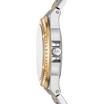 Side profile of Michael Kors MK6988 Lennox watch showing crystal-set bezel and two-tone case