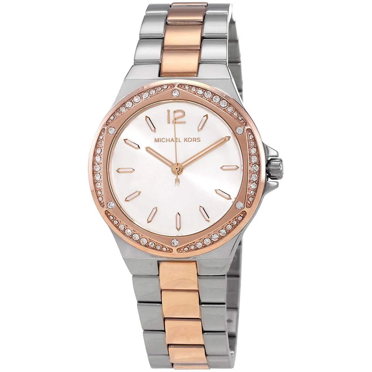 Michael Kors MK6989 two-tone watch at three-quarter angle showing rose gold and silver bracelet