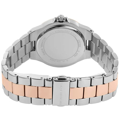 Michael Kors MK6989 two-tone ladies watch back view with silver and rose gold bracelet