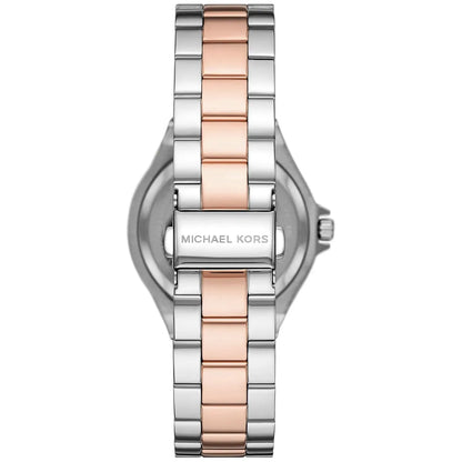 Michael Kors MK6989 watch caseback showing two-tone bracelet and engraved case back