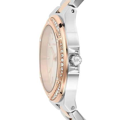 Michael Kors MK6989 watch side view showing crystal-adorned rose gold bezel detail