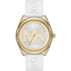 Michael Kors MK7141 Janelle watch with gold-tone case, silver dial, and white silicone strap