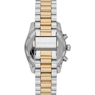 Michael Kors MK7218 Lexington watch caseback showing two-tone stainless steel bracelet