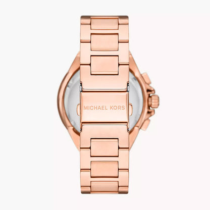 Caseback view of Michael Kors Camille watch with rose-gold bracelet