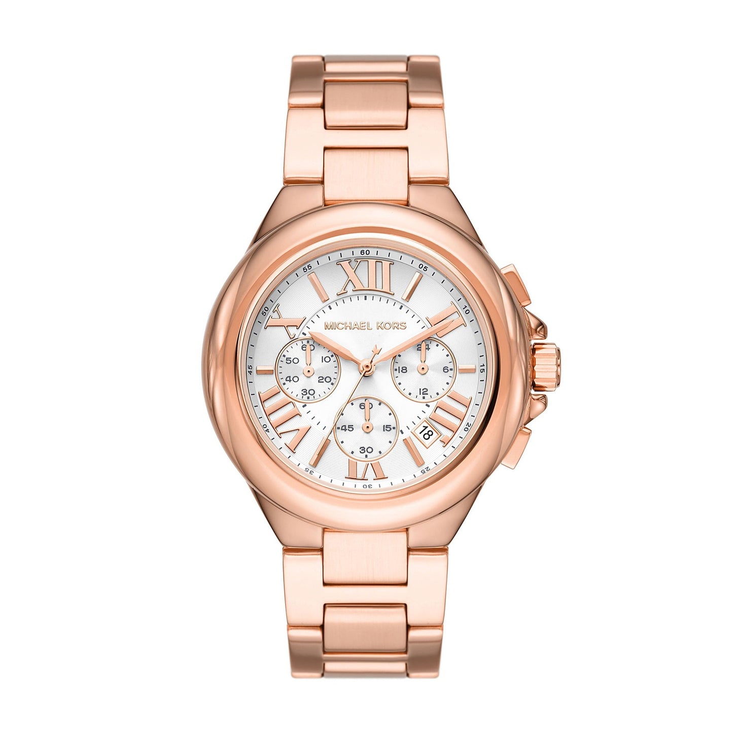 Michael Kors Camille chronograph watch with white dial and rose-gold case