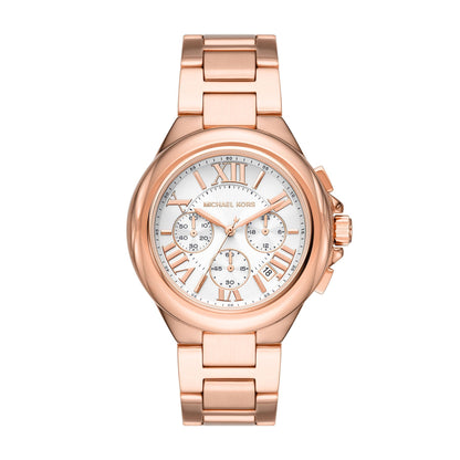 Michael Kors Camille chronograph watch with white dial and rose-gold case