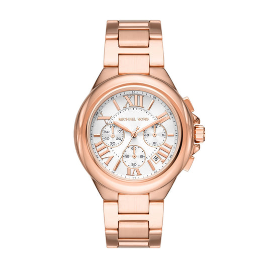 Michael Kors Camille chronograph watch with white dial and rose-gold case