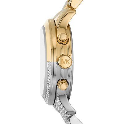 Side profile of MK7329 Runway watch showing two-tone bracelet and crystal-set bezel