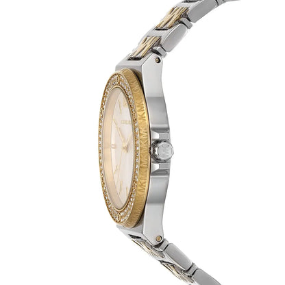 MK7338 watch side profile showing gold and silver bezel with crystal detailing