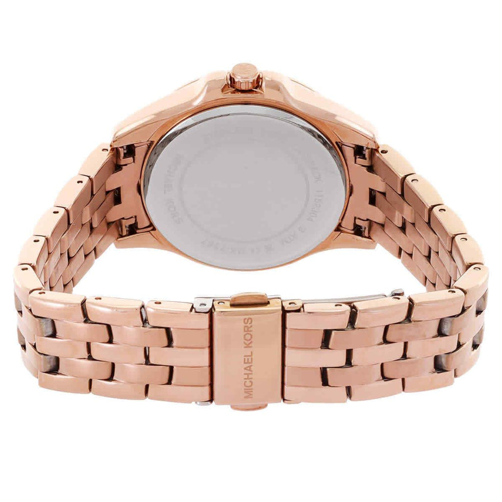 Back view of Michael Kors MK7367 showing case back and rose gold link bracelet