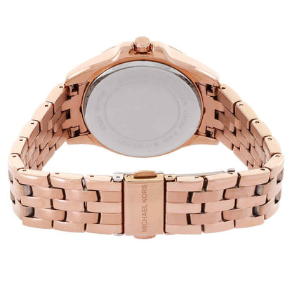 Back view of Michael Kors MK7367 showing case back and rose gold link bracelet