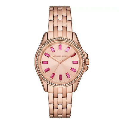 Michael Kors Mini Pilot Pavé rose gold women's watch with pink crystal hour markers and diamond bezel